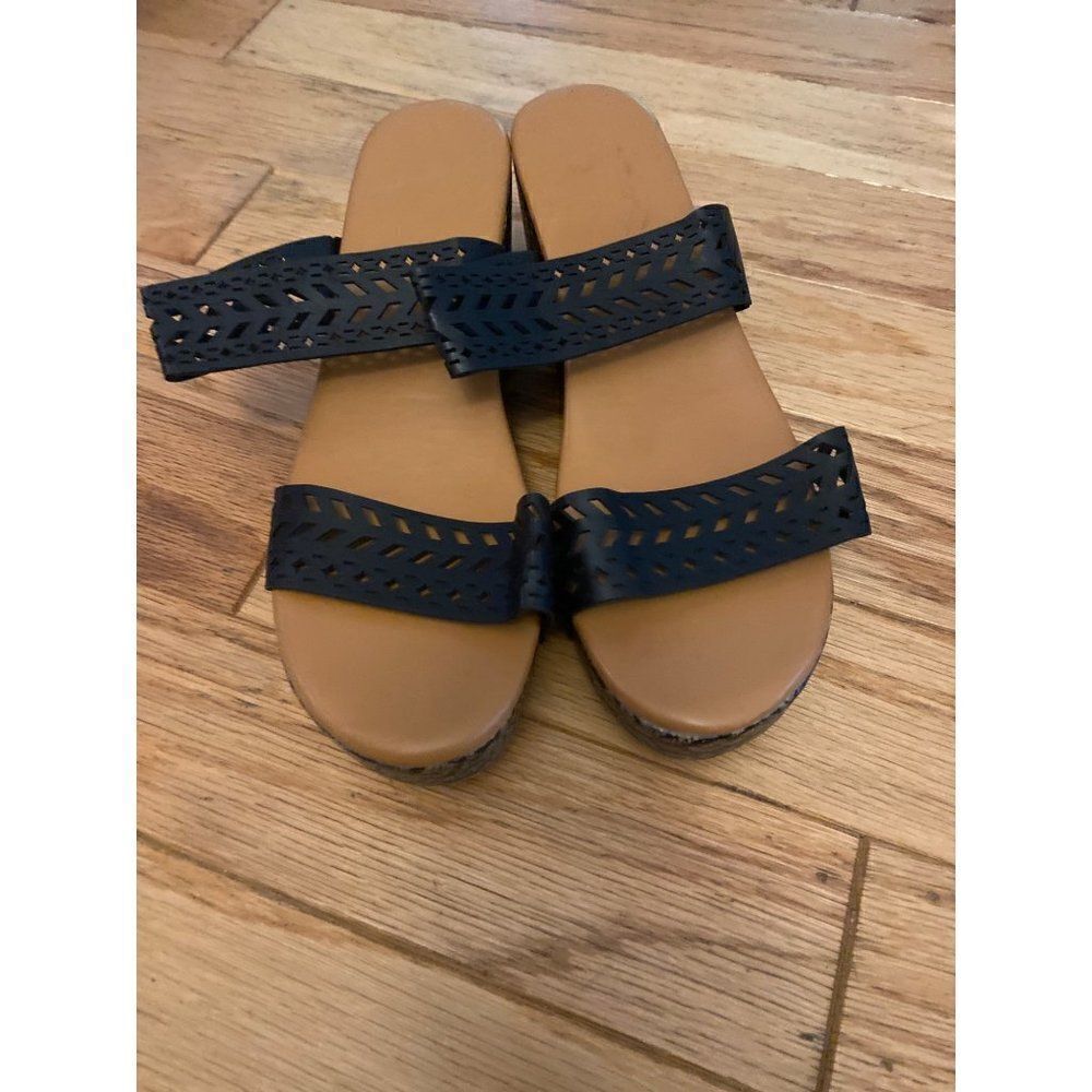 Unbranded, women's slip on black strappy, open toed tan wedges size 41